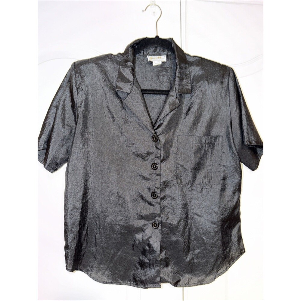 Vintage Jozell Button Up Short Sleeve Blouse Women M Black Made in USA 80s Satin